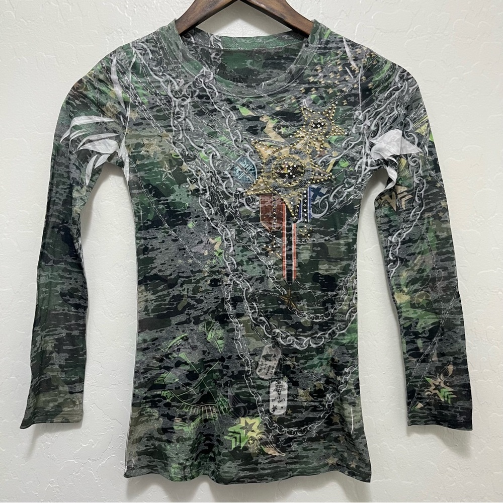 Women’s S Green Camo Army Rhinestones Long Sleeve Shirt